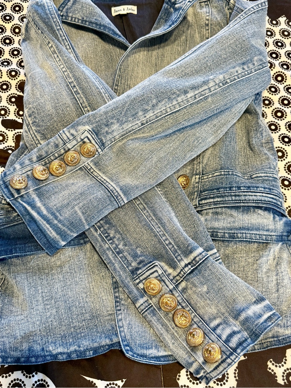 Adam & Amber Denim Blazer Jean Jacket Gold Buttons Double Breasted Size Small - Picture 5 of 11